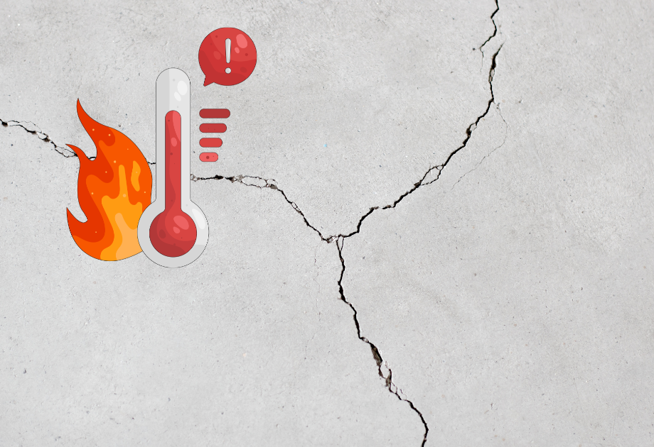 concrete with a crack split three ways with a graphic image of a thermometer indicating high heat and flames